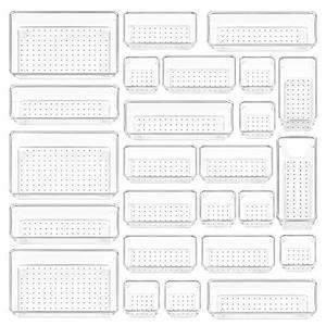 lot 25472 image: Vtopmart 25 PCS Clear Plastic Drawer Organizers Set, 4-Size Versatile Bathroom and Vanity Drawer Organizer Trays, Storage Bins for Makeup, Bedroom, Kitchen Gadgets Utensils and Office
