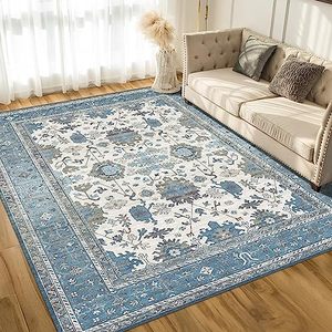 lot 25476 image: VK VK�LIVING Washable Rug 6x9 Area Rug for Living Room Bedroom Rug Lightweight Large Area Rug Thin Vintage Rug No Smell Machine Washable Rug Accent Rug for Dining Room Home Kitchen, Blue