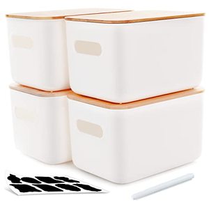lot 25481 image: Citylife 4 Packs Plastic with Bamboo lids  ONE LID DAMAGED  Stackable Storage Containers for Organizing, Bundled with Labels and Marker 10.24 x 7.01 x 6.1 inch