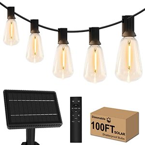 lot 25482 image: 100ft Solar Outdoor String Lights with Remote - USB Rechargeable Solar Powered Outdoor Patio Lights, Larger 3.5W Solar Panel , Timer, Dimmable Shatterproof ST38 Bulbs for Backyard, Porch, Garden, Pool