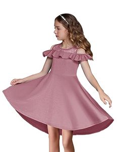lot 25490 image: Arshiner Girls Pink Short Sleeve Cold Shoulder High Waist Pink Lace Spliced Holiday Midi Dress with Trim Ruffles 6-7 Years