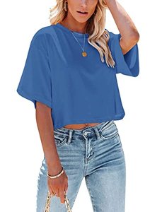 lot 25491 image: Yuccalley Womens Summer Crop Tops Short Sleeve Round Neck T-Shirt Basic Tees (Blue, XX-Large)