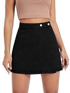 lot 25506 image: WDIRARA Womens High Waisted A-Line Button Wrap Denim Jean Skirt Mini Skirt Medium Wash Black XS