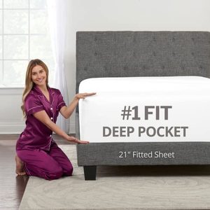 lot 25509 image: DeaLuxe Cal King Fitted Sheet Only Deep Pocket - 17in - 21in Inch  Extra Deep Pocket Only - 1 Fitted Sheet with Deep Pockets for Pillowtop Mattress California King Size Fitted White