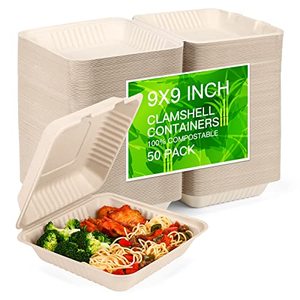 lot 25527 image: Sunlive 100% Home Compostable 50 Pack Disposable Clamshell Take Out Food Containers, 9X9 1-Compartment to go Containers, Heavy-Duty to go Boxes, Eco-Friendly Biodegradable, Made of Sugarcane Fibers