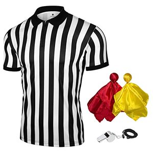 lot 25532 image: FitsT4 Men�s Referee Shirt 4PCS Official Umpire Jersey with Yellow Red Penalty Flag Whistle Black & White Stripe Zipper Collar V Neck Pro Ref Uniform Soccer Basketball Football