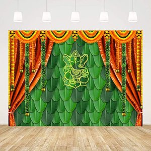 lot 25538 image: Ticuenicoa 7x5ft India Pooja Traditional Photography Backdrop Banana Leaf Green Chatiya Ganesh Background Puja Ganpati Pooja Mehndi backdrops Decorations Wedding Party Marigold Garlands Photo Props