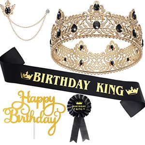 lot 25541 image: 5 Pieces Birthday Accessories Include Man Birthday King Crown Birthday King Sash Tinplate Badge Pin Crown Brooch Hanging Chain Men Birthday Crown for Man Birthday Party (6 Inch, Vivid Style)