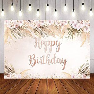 lot 25543 image: Aumeko Boho Happy Birthday Backdrop Bohemian Pampas Grass Birthday Photography Background Glitter Dots Boho Birthday Party Decorations Photo Studio Props