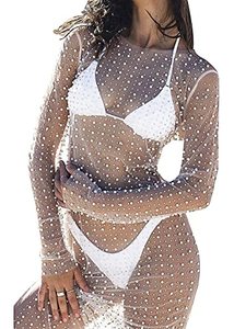 lot 25549 image: LABULADUO Sexy Women Sheer Mesh Pearl Rhinestone Cover Up Dress Summer Beach Bathing Suit Cover Ups Swimsuit Coverup Dresses White