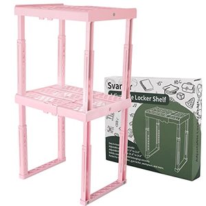 lot 25550 image: Locker Shelf Adjustable Height and Width, Pink Locker Organizer for Work, Locker Shelves for School Locker, Stack-able Locker Stand Tools for Gym Locker, Locker Accessories Stuff, Pack of 2