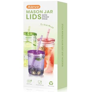 lot 25554 image: Aieve Mason Jar Lids with Straws, 6 Set Wide Mouth Mason Jar Drinking Lids with Straw Hole, Mason Jar Straw Lids