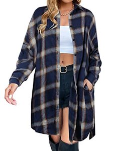 lot 25558 image: Blooming Jelly Womens Button Down Flannel Shirts Plaid Shacket Long Sleeve Collared Long Jacket Coats(Medium,Blue&Brown Plaid)