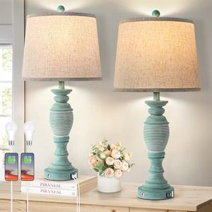 lot 25565 image: Farmhouse Table Lamps Set of 2 with Touch Control, 27.7 Large Table Lamp with 2 USB Ports, Living Room Lamps for End Tables, 2 Bulbs Included