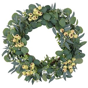 lot 25568 image: CEWOR 20in Green Eucalyptus Wreath Artificial Eucalyptus Leaves Wreath with Big Berries Greenery Wreath for Front Door Wall Window Decor