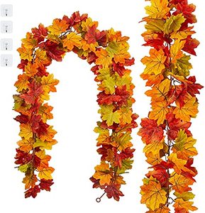 lot 25580 image: 2 Pack Fall Leaves Garland Garland Artificial Maple Leaf Hanging Vines for Fireplace Mantle Table Front Door Doorway Harvest Thanksgiving Halloween Decorations