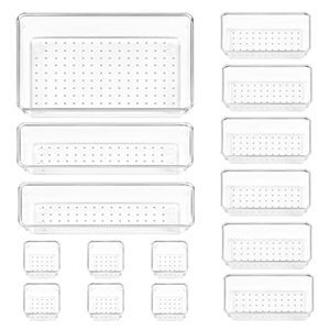 lot 25614 image: Vtopmart 15 PCS Clear Plastic Drawer Organizers Set, 4-Size Versatile Bathroom and Vanity Drawer Organizer Trays, Storage Bins for Makeup, Bedroom, Kitchen Gadgets Utensils and Office