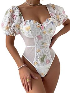 lot 25625 image: OYOANGLE Womens Puff Short Sleeve weetheart Neck Floral Lace Bodysuit SMesh Slim Fit Body Suits White L