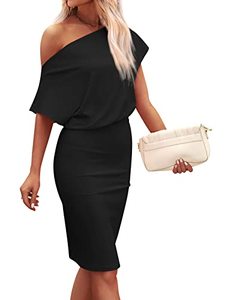 lot 25635 image: LILLUSORY Womens Off The Shoulder Dresses Summer Short Sleeve Party Bodycon Pencil Sheath Dress Black