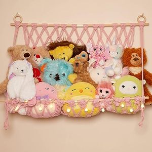 lot 25637 image: Lillys Love Stuffed Animal Macrame Hammock Display Swing wString Lights  Large Boho Style Rope Net Holder for Kids Toys  Hanging Corner Nursery Storage Organizer for Your Plushie Pets(Light Pink)