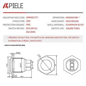 lot 25638 image: APIELE (Pack of 2) 19MM Momentary Push Button Switch 5A Aluminium Alloy Shell 12V 24V 36 DC 110V 250V AC 5A 1NO SPST Screw Terminal (Red Shell)