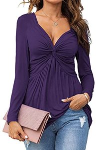 lot 25641 image: Tankaneo Womens V-Neck Front Knotted Blouse Shirt Long Sleeve Elegant Casual T-Shirt Solid Color Pullover Tops