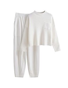 lot 25653 image: VATEAMI Women Two 2 Piece Outfits Sweater Sets Long Sleeve Knit Top Oversized Lounge Sets Tapered Pants Tracksuit (Purewhite-L)