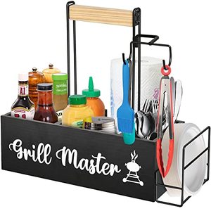 lot 25663 image: Grill Utensil Caddy, Picnic Condiment Caddy, BBQ and Grill Caddy with Paper Towel Holder & Paper Plate Holder. Grilling Caddy with Wood Handle & 2 Hooks, Multi-use Storage Organizer for Outdoor Grill