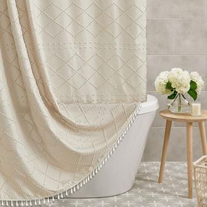 lot 25702 image: Siiluminisoy Boho Farmhouse Shower Curtain Woven Fabric CreamBeige Shower Curtain, 72 x 72 Tufted Chevron Textured Striped Modern Minimalist Cloth Shower Curtain for Bathroom
