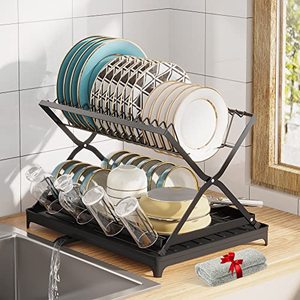 lot 25725 image: 1Easylife Dish Drying Rack Collapsible 2-Tier Dish Rack with Drainboard, Self Draining Dish Dryer for Kitchen Counter Rustproof, Foldable Utensil Drainer with Cup Holder Free Towel