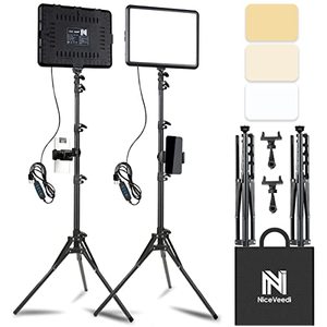 lot 25726 image: 2-Pack LED Video Light Kit, NiceVeedi Studio Light, 2800-6500K Dimmable Photography Lighting Kit with Tripod Stand&Phone Holder, 73 Stream Light for Video Recording, Game Streaming, YouTube