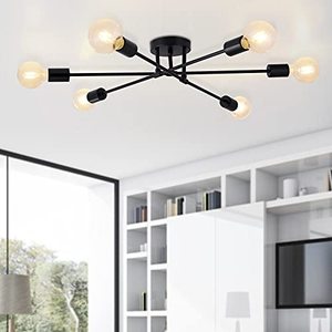 lot 25727 image: BrkNit 6-Light Sputnik Chandeliers, Black Modern Semi Flush Mount Ceiling Light with E26 Base, Mid Century Industrial Vintage Kitchen Farmhouse Light Fixtures for Dining Room Bedroom Living Room