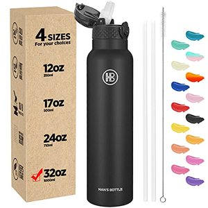 lot 25737 image: Hans Bottle Sports Water Bottle - 32 Oz, Straw Lid, Leak Proof, Vacuum Insulated Stainless Steel, Double Walled, Thermo Mug,Black