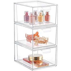 lot 25738 image: Syntus 3 Piece Set Stackable Makeup Organizer Drawers, 4.4 Tall Acrylic Bathroom Storage Drawer, Plastic Cosmetics Box for Vanity, Undersink, Skincare, Kitchen Cabinets, Pantry Organization
