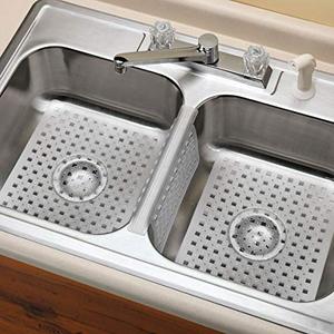 lot 25750 image: Kitchen Sink Protector Mat Pad Set, 3 Piece Combo Set Includes -2 Sink Mats - 1 Sink Saddle - 3 Drain Stopper