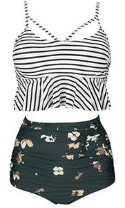 lot 25754 image: COCOSHIP Black White Striped & Bloom Floral Retro Falbala High Waist Bikini Set Crisscross Hollow Out Swimsuit Travel Swimwear L(US8)