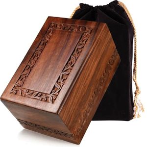 lot 25759 image: SOULURNS - Border Engraved Rosewood Cremation Urns for Human Ashes Adult Male Female - Wooden Decorative Urns Box and Casket for Men Women Child - Burial Urn for Adults with Velvet Bag