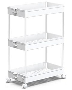 lot 25766 image: SPACEKEEPER Storage Rolling Cart, 3 Tier Laundry Room Organization Utility Cart Bathroom Organizer Mobile Shelving Unit Shelves Multi-Functional Trolley, White