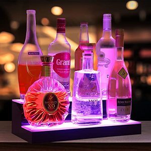 lot 25769 image: 16 Inch LED Lighted Liquor Bottle Display Shelf 2 Step Illuminated Bar Bottle Shelf Lighted Bar Stand Acrylic Mounted Wine Racks for Commercial Home Bar Bottle Lighting Shelves with Remote Control
