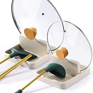 lot 25775 image: AIERSA Spoon Rest with Lid Holder for Stove Top (2 Pack) Spatula Ladle Pot Lid Utensil Rest for Countertop,Kitchen Gadgets Accessories for Cooking