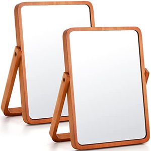 lot 25801 image: DEAYOU 2 Pack Vanity Mirror with Wood Stand, 360 Degree Rotation Makeup Mirror, 10 Rectangle Standing Swivel Cosmetic Mirror, Portable Wood Tabletop Mirror for Hanging, High-Definition, Pine