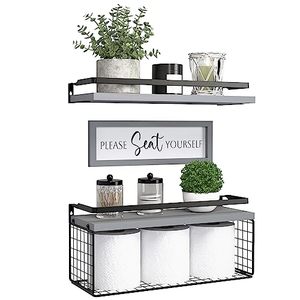 lot 25810 image: DOLLFIO Floating Shelves with Wall Dcor Sign, Bathroom Shelves Over Toilet with Wire Storage Basket, Wood Wall Shelves with Protective Metal Guardrail� Grey