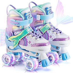 lot 25812 image: NEMONE Mermaid or Bunny Strawberry 4 Size Adjustable Light up Roller Skates for Girls, Purple Blue Skates for Toddlers, Beginner Kids Roller Skates Indoor Outdoor (Blue, S)