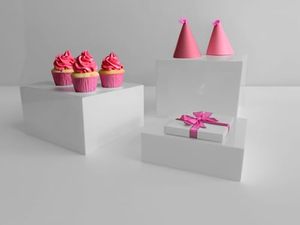lot 25815 image: Set of 3 Solid Gloss 5-Sided White Acrylic Cube Cupcake & Dessert Display Stand Nesting Risers with Hollow Bottoms, Perfect for Parties, Brunch, Weddings, Events, Display. Gloss White