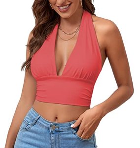 lot 25829 image: Rooscier Womens Deep V Neck Halter Tie Back Sleeveless Backless Cami Crop Top Watermelon Red Medium