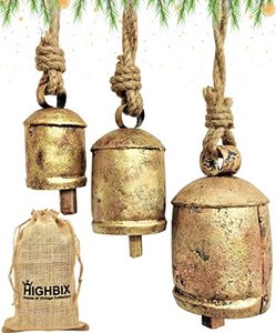 lot 25833 image: HIGHBIX Set of 3 Harmony Cow Bells Vintage Handmade Rustic Lucky Christmas Hanging Bells On Rope