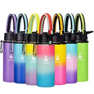 lot 25835 image: Farsea Insulated Water Bottle with Straw Lid & Spout Lid & Paracord Handle, Stainless Steel Water Bottle Wide Mouth, Double Wall Sweat-Proof BPA-Free,18 oz, Sunset Glow