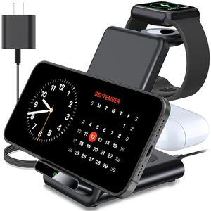 lot 25838 image: Wireless Charging Station,3 in 1 Wireless Charging Stand Made for Apple Watch Ultra 9 8 7 6 SE 5 4 3,Fast Wireless Charger Made for iPhone 15PlusPro Max14131211X,for AirPods Pro(with Adapter)