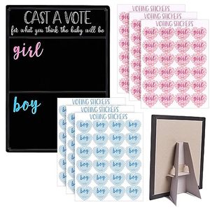 lot 25849 image: Gender Reveal Decorations for Baby Shower Games with 144 Girl or Boy Voting Stickers and Cast Your Vote Sign with Stand (Chalkboard Design, 12 x 17 in)