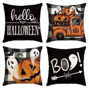 lot 25858 image: AVOIN colorlife Hello Halloween Boo Ghost Pumpkin Truck Throw Pillow Covers, 18 x 18 Inch Spooky Spider Bat Buffalo Plaid Cushion Case for Sofa Couch Set of 4,Black